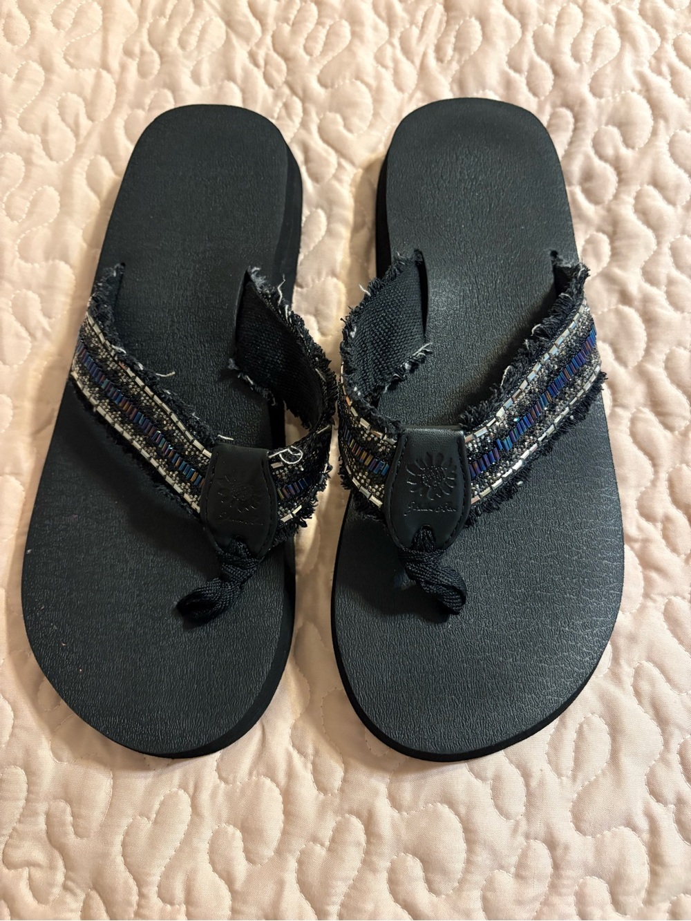 Yellow Box Black Beaded Strap Flip Flops